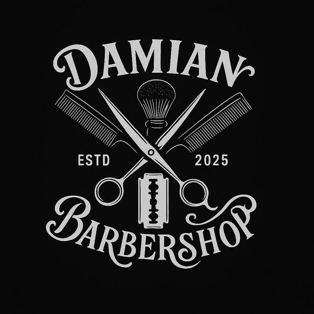 Emblem von Damian Barbershop mit Schere, Kamm und Rasierklinge
